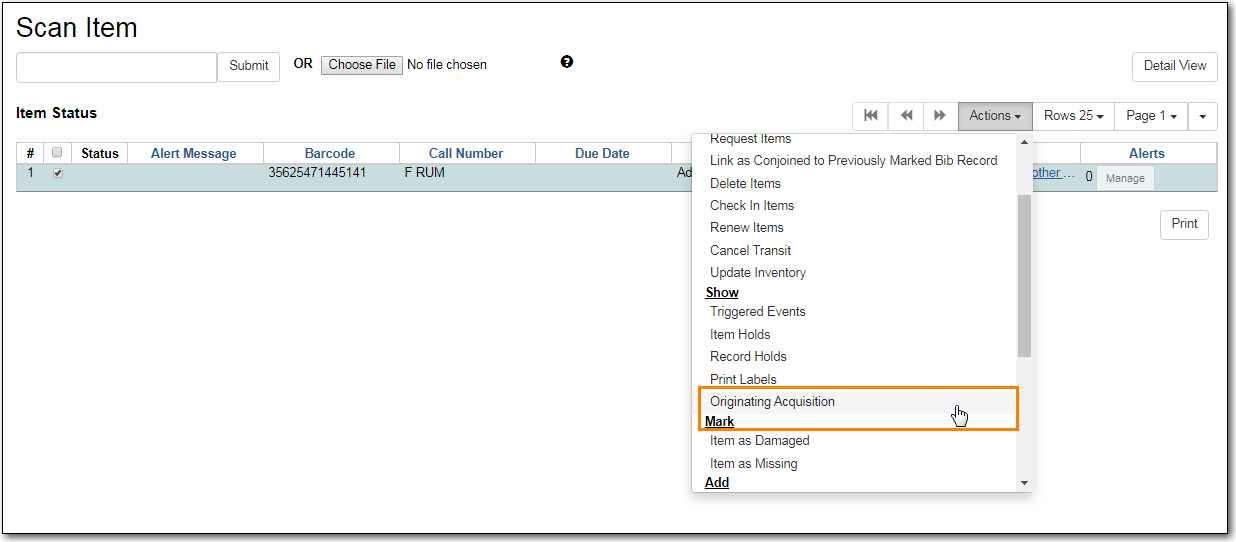 Show Originating Acquisitions from Item Status