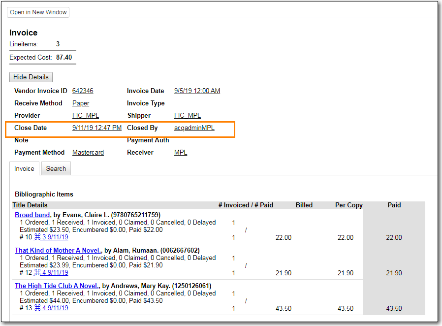 Closed Invoices