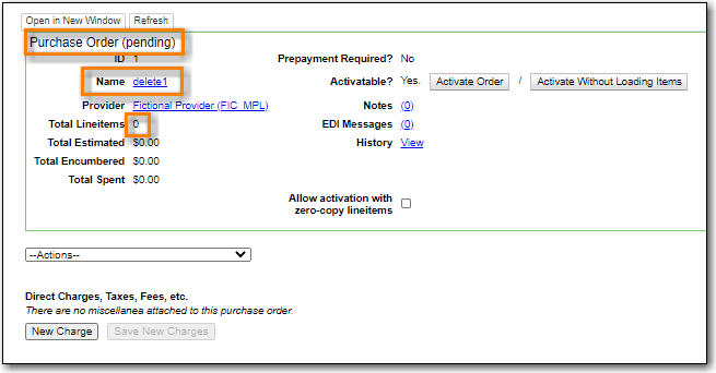 purchase order screen highlighting state is Pending, name is delete1, and total line items is 0