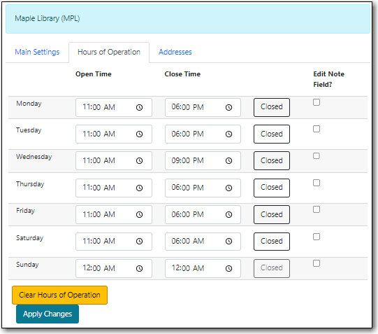 Library Hours of Operation