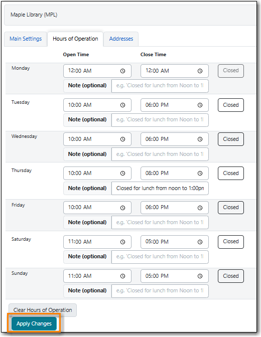 Library Hours of Operation