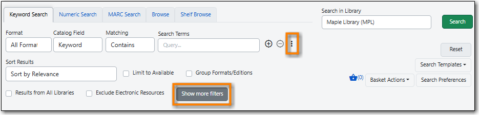 Keyword Search screen