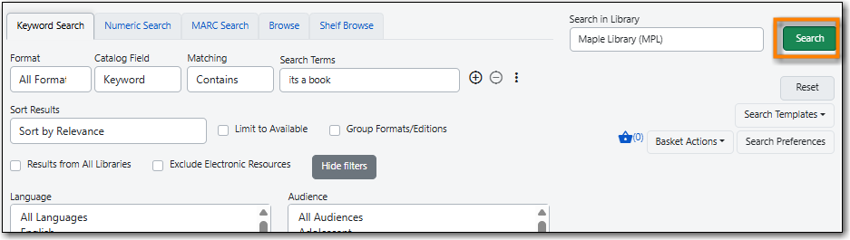 Keyword Search screen