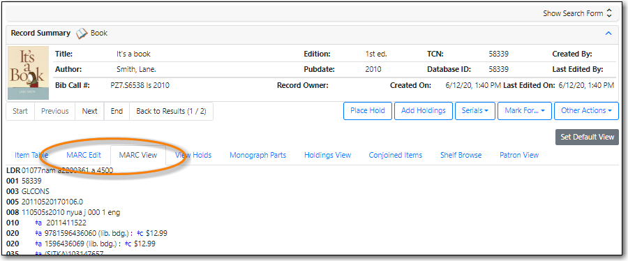 Record Details with MARC View