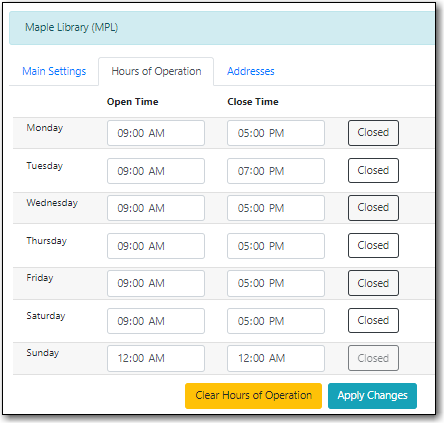 Library Hours of Operation