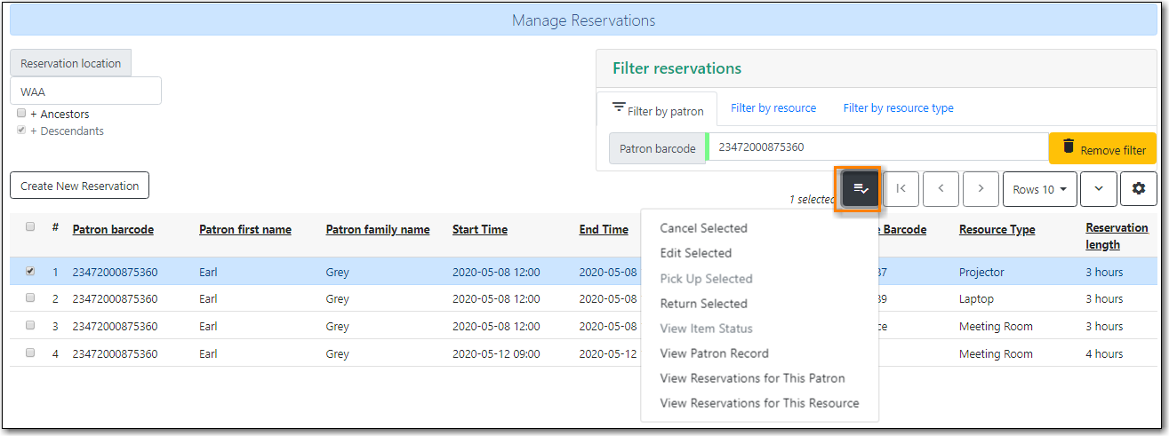 manage reservation actions