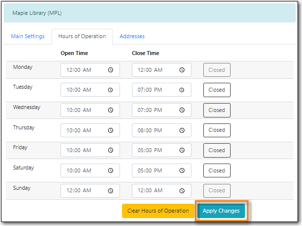 Library Hours of Operation