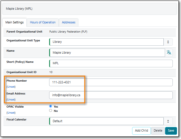 Library Main Settings