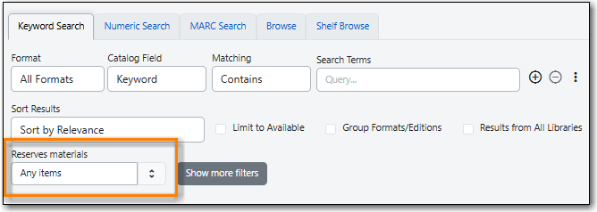 Catalogue Course Reserves Filter